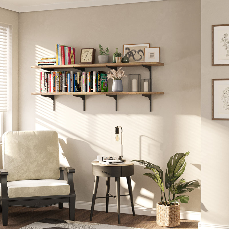 60" Long Wall Shelving Unit, Floating Bookshelf With Adjustable Brackets, 10" Deep And 1" Thick Real Wood Boards, Farmhouse Shelf, Living Room Decor, Hanging Shelf For Storage, Burnt, 2 Tier