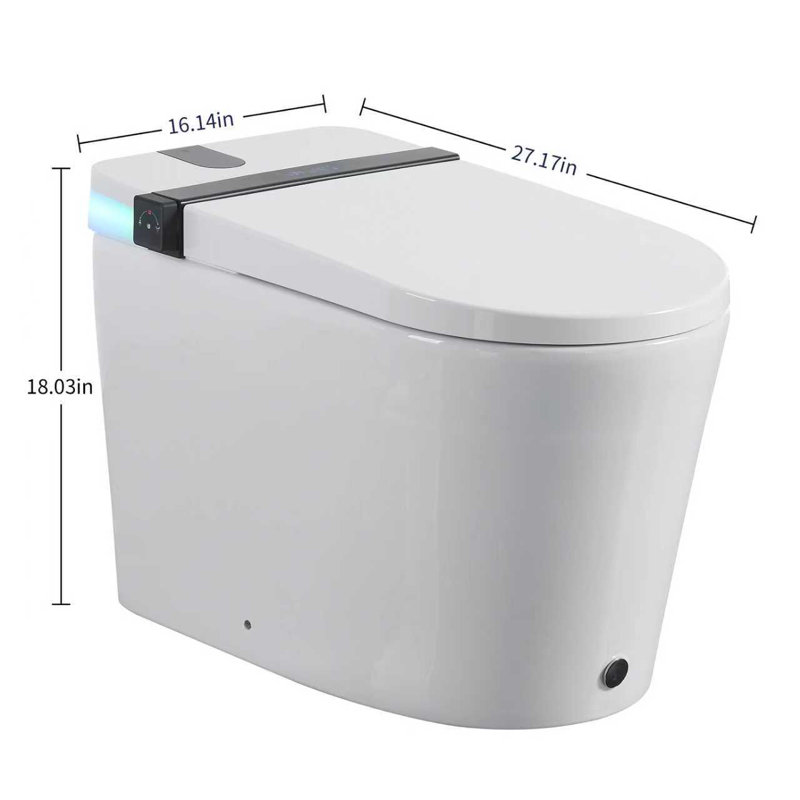 Toilette intelligente avec siège de bidet intégré, siège à ouverture / fermeture automatique, capteur de pied, affichage à DEL, veilleuse, eau chaude et sécheuse, lampe rotative, poignée latérale avec commande multiple
