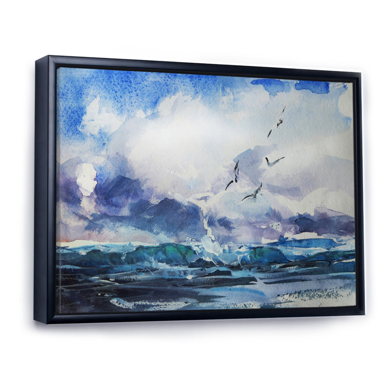 Vague et goélands - Peinture sur toile, H 24 po x l 36 po x P 1 po, Cadre flottant noir