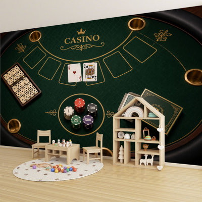 Peel and Stick Wallpaper 69" L x 96" W Modern Self Adhesive Wall Mural for Bedroom - With Casino Blackjack Table Cards Chips Green Felt Design Print