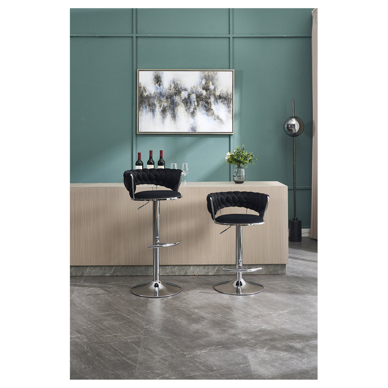 Ensemble de 2 tabourets de bar, avec repose-pieds chromé et base pivotante en velours à hauteur réglable et tabouret de bar simple chromé - Noir