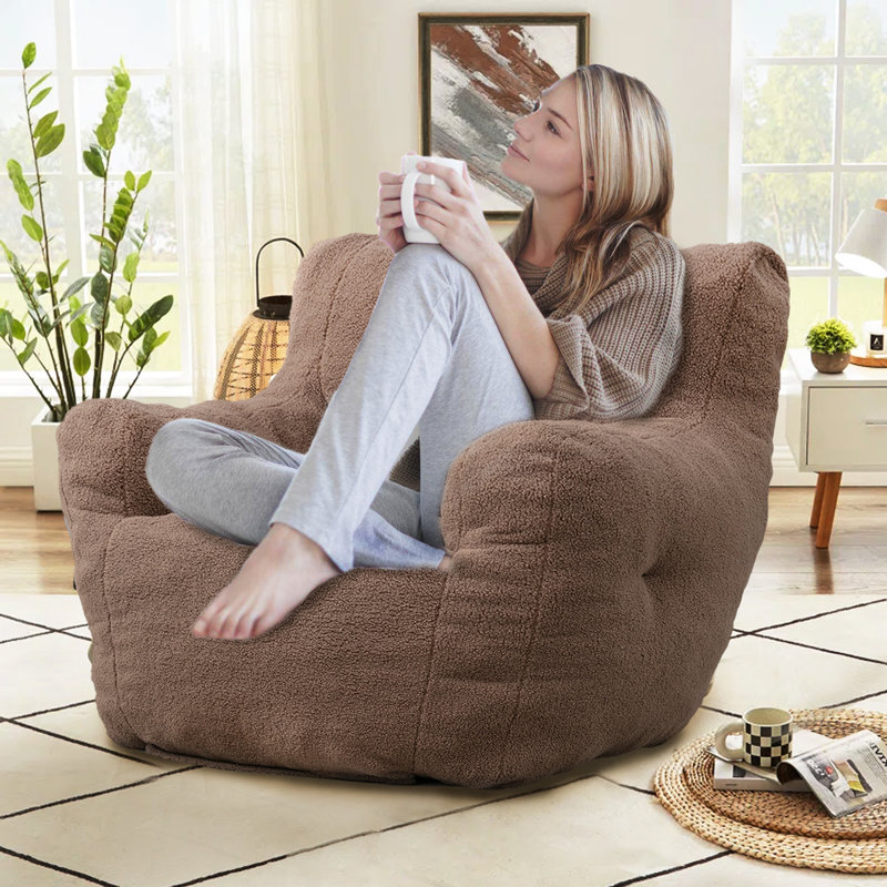 Compression Medium Adult Soft Teddy Fabric Bean Bag Chair With Foam Filled, Coffee Faux Fur