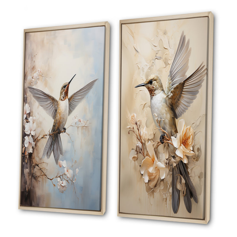 Colibri floral flottant - ensemble de 2 décorations murales de colibris, Encadrement brun, H 28 po x l 25 po