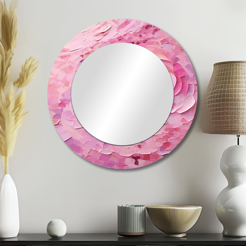 Pink Radiant Revolution Spiral - Abstract Spirals Large Mirror, Modern Round Decorative Wall Mirror, Printed Metal Art
