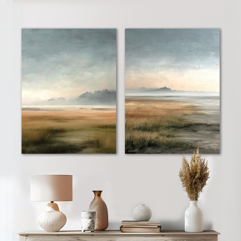 Vert et gris, pluie côtière après-midi - océan, ensemble de 2 reproductions d'art mural en métal, 32" H x 48" W