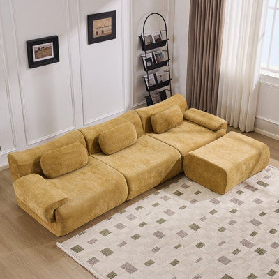 Modular Bamboo-Joint Armchair Set With Deep Chenille Seats, 3+1 Seating And Plush Pillows For Living Room Or Bedroom Comfort.