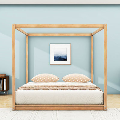 Modern King Size Wooden Canopy Platform Bed with Slats