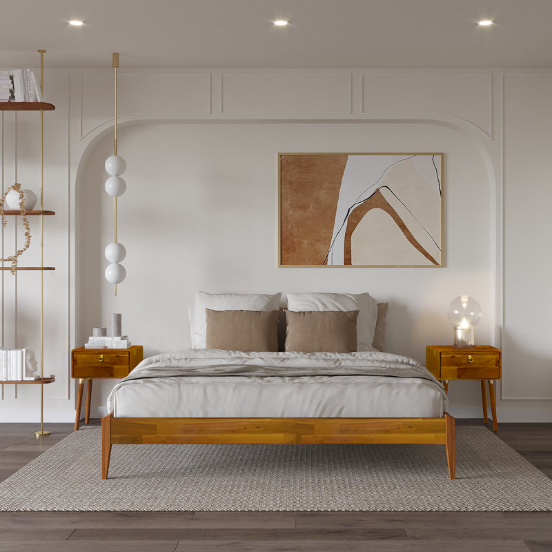 Finney Solid Wood Platform Bed without Headboard, Mid-Century Modern Bed Frame, King, Caramel