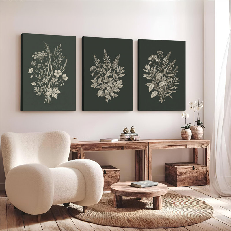 Botanique à motif floral sur toile tendue, ensemble de 3 décorations pour salon, H 30 po x l 60 po