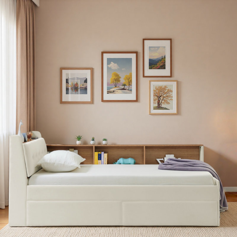 Lit de jour multifonctionnel avec tête de lit, chargement sans fil, 2 tiroirs de rangement et lumières à DEL, Beige