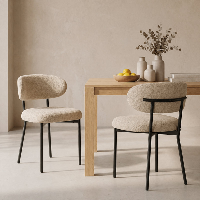 Modern Upholstered Dining Chair, Metal Legs, 2P, Camel Boucle
