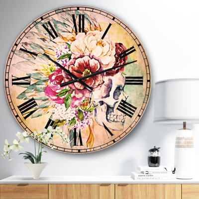 Crâne et fleurs - horloge murale bohémienne