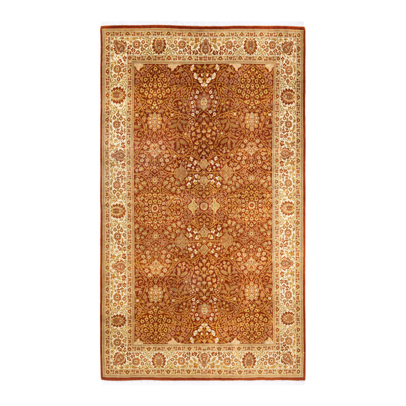 Tapis orange / rouge / ivoire en laine noué à la main de conception unique 5 pi 2 po x 8 pi 10 po New Age