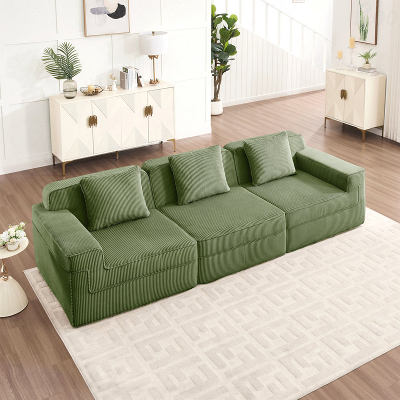 Canapé modulaire sans siège à 3 places - tissu velours côtelé, canapé Cloud, siège très profond, coussins décoratifs, 3, Vert