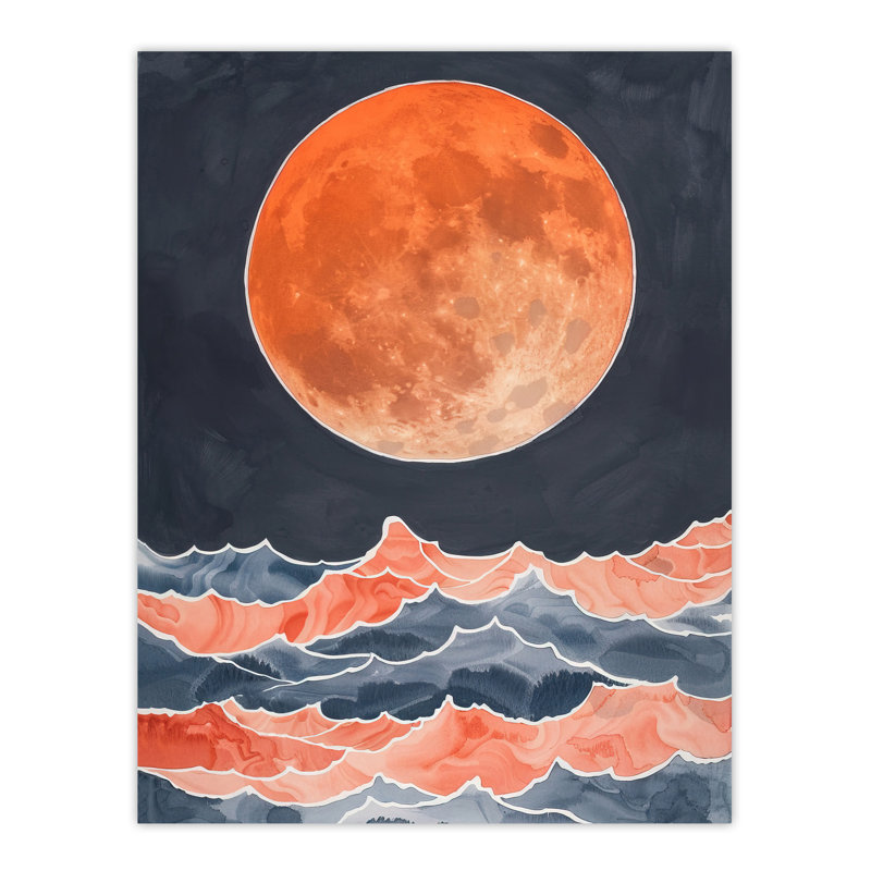 Large Orange Full Moon Over Ocean Waves Wall Art Print