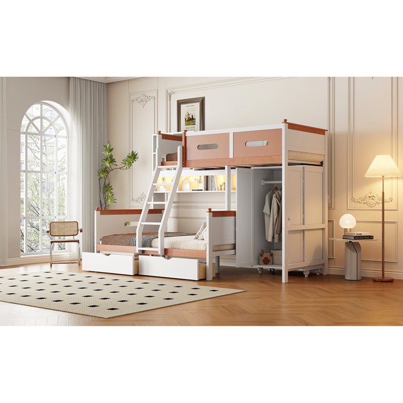 Lit superposé simple au-dessus d'un lit double avec tiroirs et tablettes, blanc orange, éclairé à DEL pour une utilisation nocturne pratique