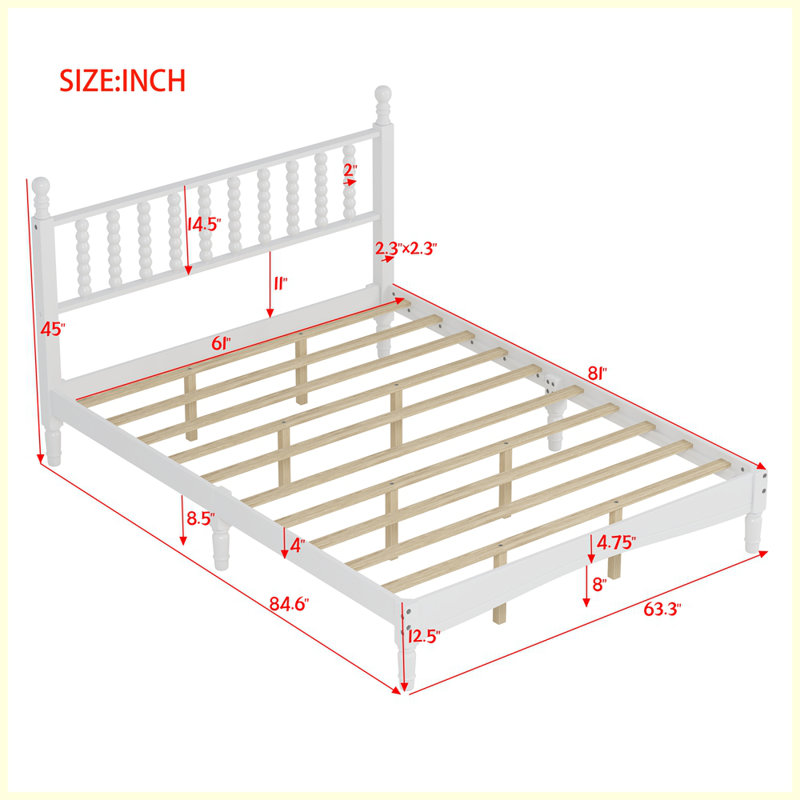 Queen Size Wood Platform Bed with Gourd Shaped Headboard,Retro Style Platform Bed with Wooden Slat Support, White