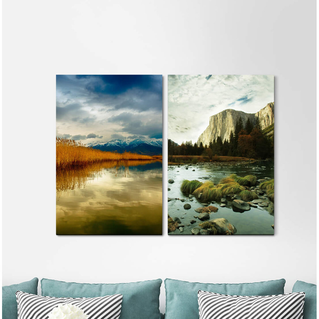 2-tlg. Leinwandbilder-Set - Fotografie "Berge See reines Wasser Wolken Tannenwald Natur Stille"