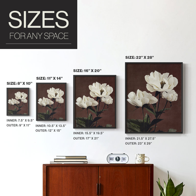 Reproduction florale rétro encadrée, bois massif, Noir, noir, noir, noir, H 21 po x l 17 po