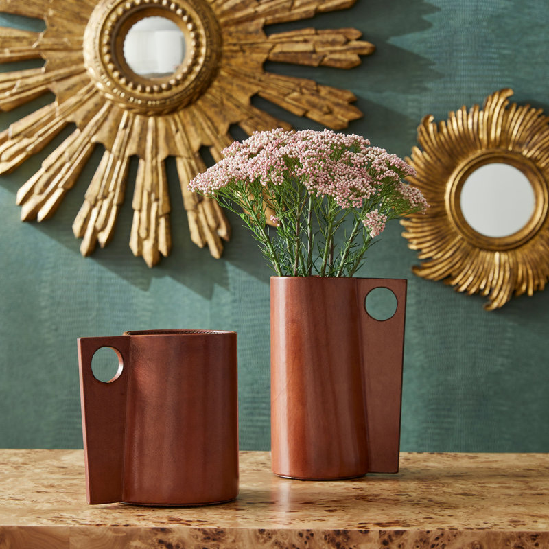 Leather Table Vase, 7.3" H x 7.3" W x 5.5" D