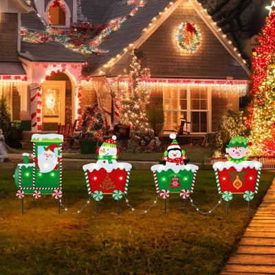 Christmas Train Yard Stakes With Led Lights – 4 - Piece Santa, Snowman, Penguin & Elf Decor, Waterproof, Outdoor/indoor Holiday Lawn Decoration