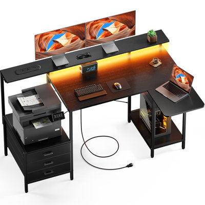 L Shaped Computer Desk with LED Lights, Power Outlets & USB Charging Ports, Foldable Extension Panel, Home Office Desk with Storage Drawers & Open Shelves, Black