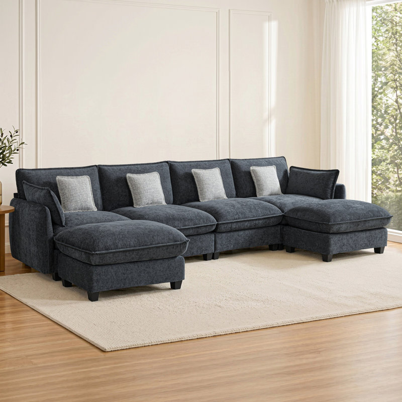 Oversized Modular Sectional Sofa, 4 Seat U shaped Cloud Sectional Couch with 2 Ottomans, Black Fabric