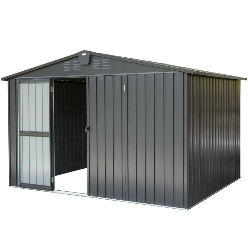 Armoire de rangement extérieure en acier galvanisé 10 pi x 8 pi 450 pieds cubes Pour les articles de sport, les poubelles. Antirouille, protégé, verrouillable, ventilé. Cour arrière élégante, patio, pelouse. Noir 10 pi x 8 pi, vélo massif