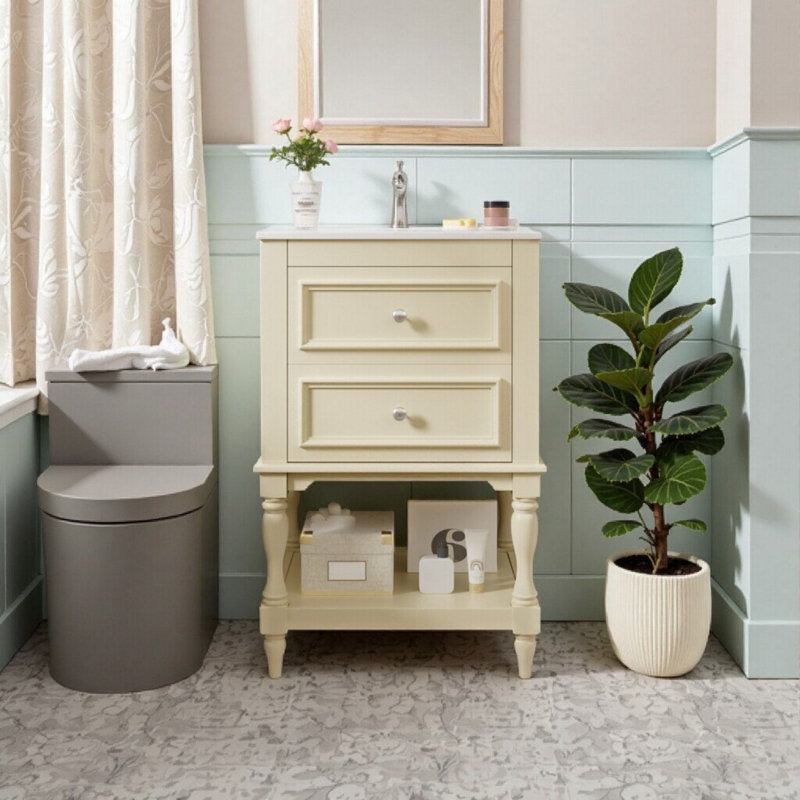 Meuble-lavabo simple 20 po avec lavabo en céramique, tablette ouverte, 2 tiroirs, 20", Beige