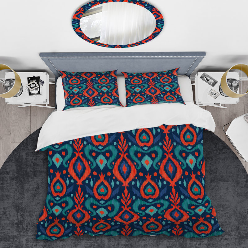 Ensemble de housse de couette abstrait orange et bleu Ikat Ogee - Microfibre de polyester