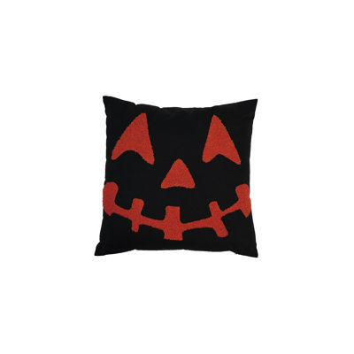 Square Cotton Pillow With Jack-O-Lantern Embroidery