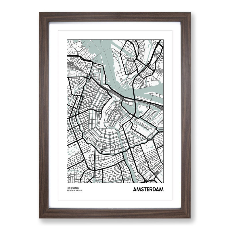 Map Amsterdam Netherlands - Picture Frame Graphic Art, Walnut Framed, 90cm H x 65cm W x 2cm D
