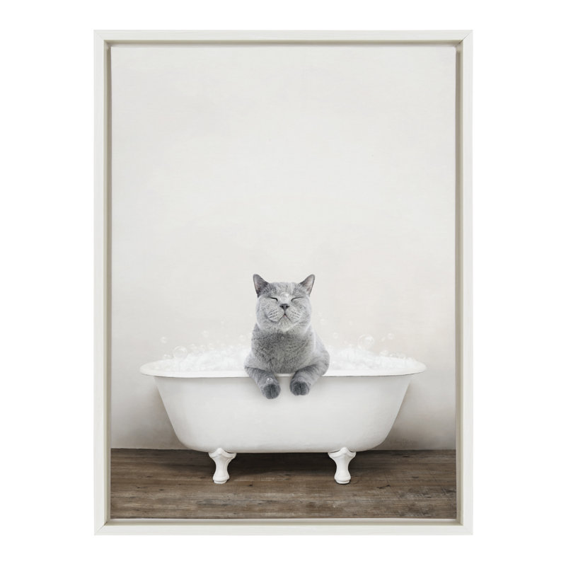 «Cat in Rustic Bath» par Amy Peterson, reproduction d'art sur toile encadrée, Cadre blanc