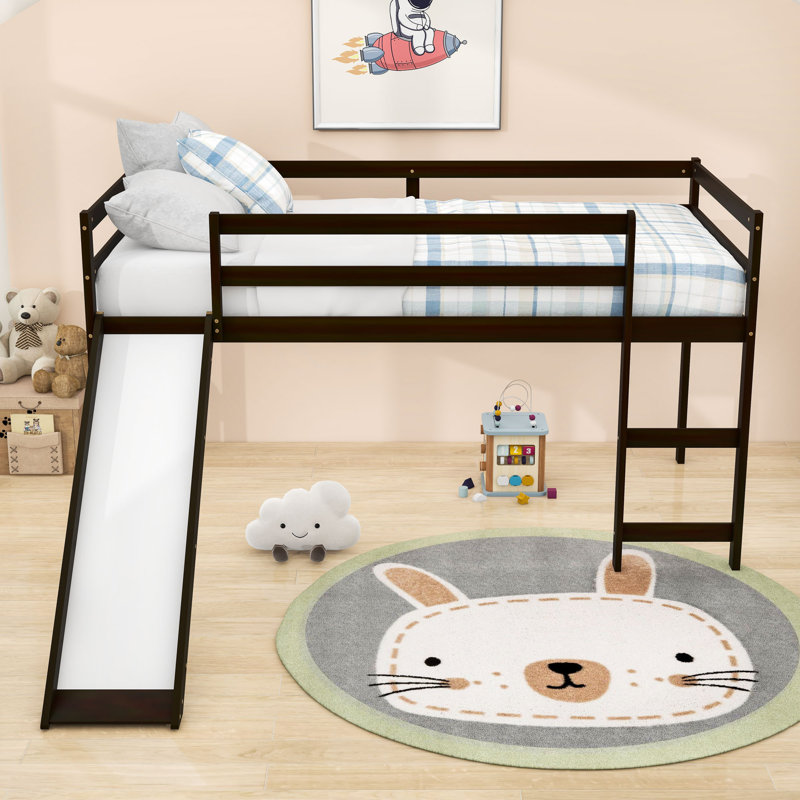 Lit mezzanine simple en bois avec glissoire et échelle, Espresso