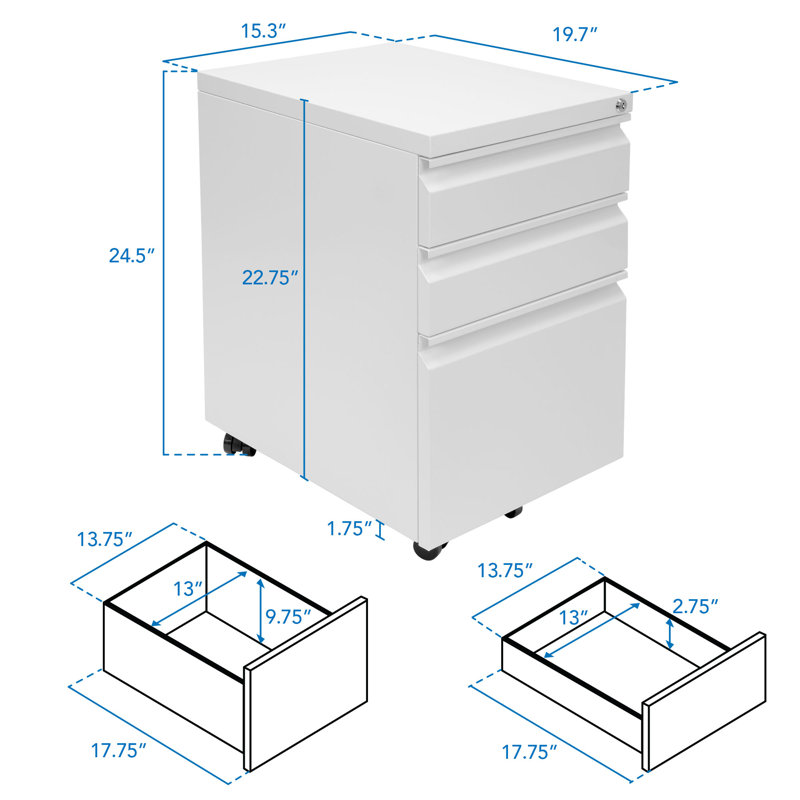 Mount-It! Mobile Vertical File Cabinet with Three Drawers | Under Desk Rolling Storage, White