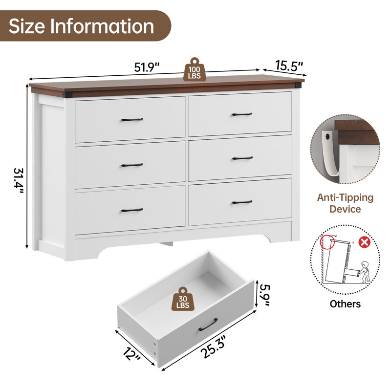 6-Drawer Dresser 52"W Double Dresser With Walnut Brown Top Panel