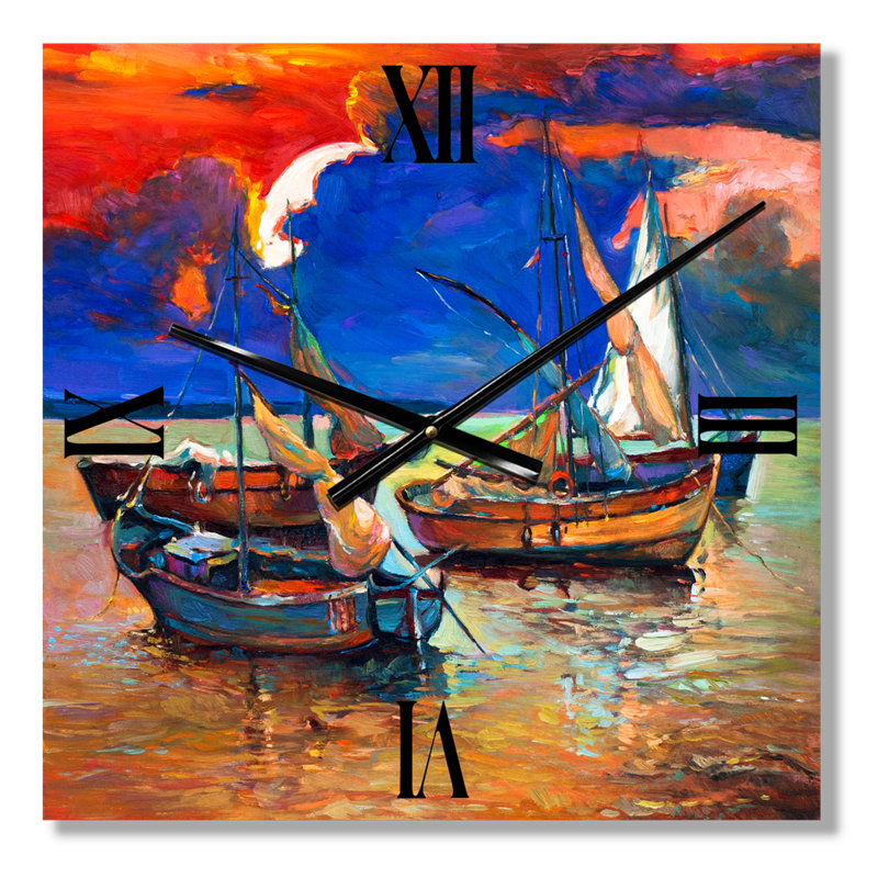 Horloge murale bateaux de pêche sur l'eau avec ciel I, Très grand