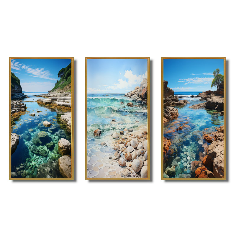 «Beach Photo Tranquil Tidepools», 3 pièces, Encadrement doré, H 32 po x l 48 po