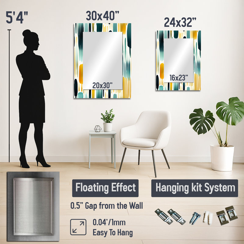 Motif rayé de peinture verte et jaune de PASCOLA de PASCOLA, miroir mural moderne, art imprimé en métal, 40 po x 30 po