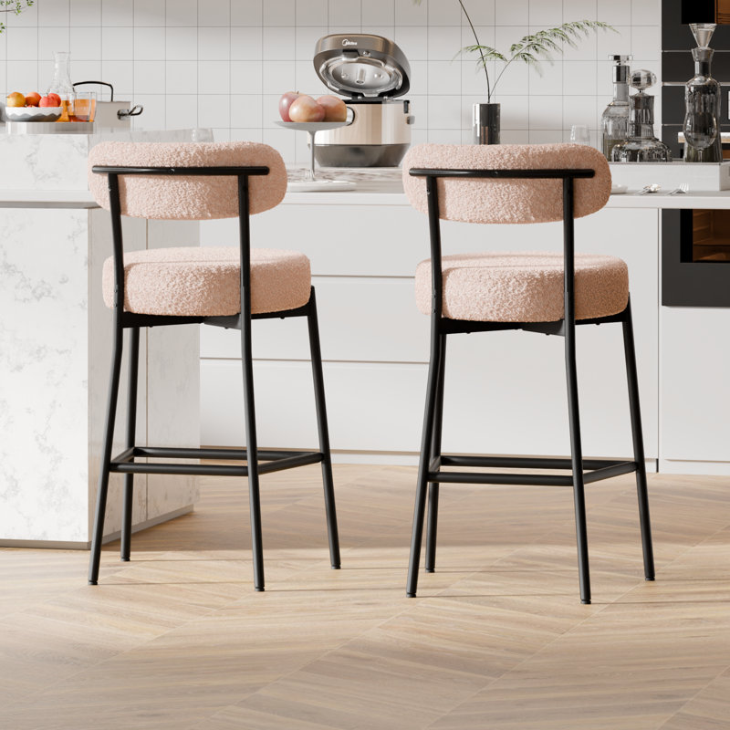 Sherpa Counter Height Bar Stools Set of 3 Modern Upholstered Barstools with Curved Open Back/Round Seat Boucle Comfortable Bar Chairs for Kitchen Island, 24.6 Inch