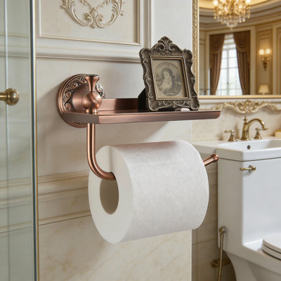 Wall Mounted Toilet Paper Holder With Phone Shelf, Red Copper Bathroom Hardware With Pattern Carving Design, Durable Rust-Resistant Bathroom Accessory