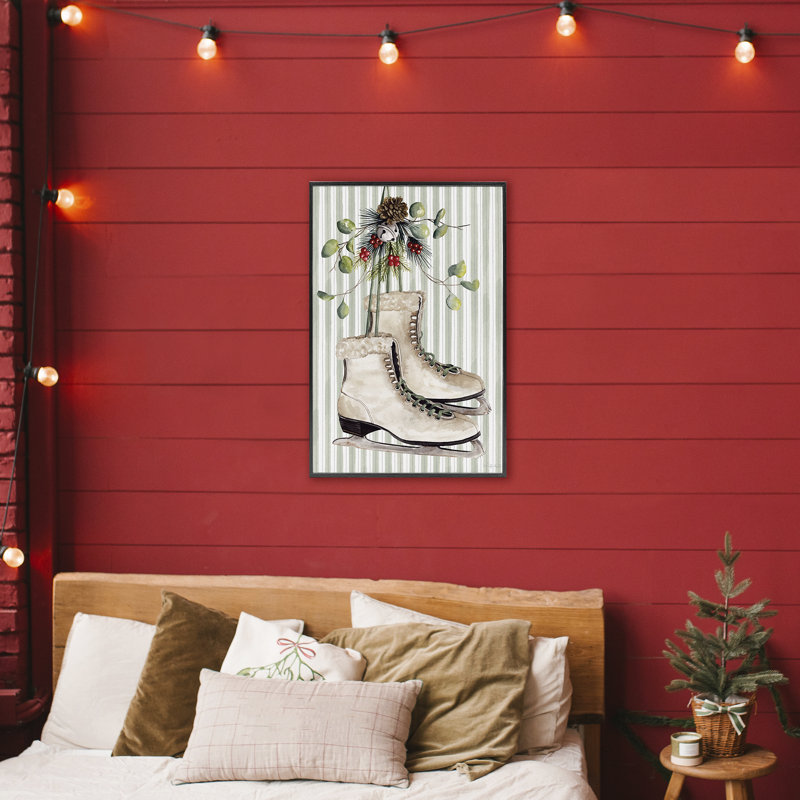 Giclée sur patins à glace d'hiver sur rayures, design par Cindy Jacobs, H 30 po x l 20 po, Giclée encadrée noir minuit