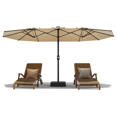 15FT Large Patio Umbrella with Base Included, Double-Sided Outdoor Market Rectangle Umbrellas Oversized Shade for 2-8 People, Weighted Base for Pool, Deck, Backyard, Beige