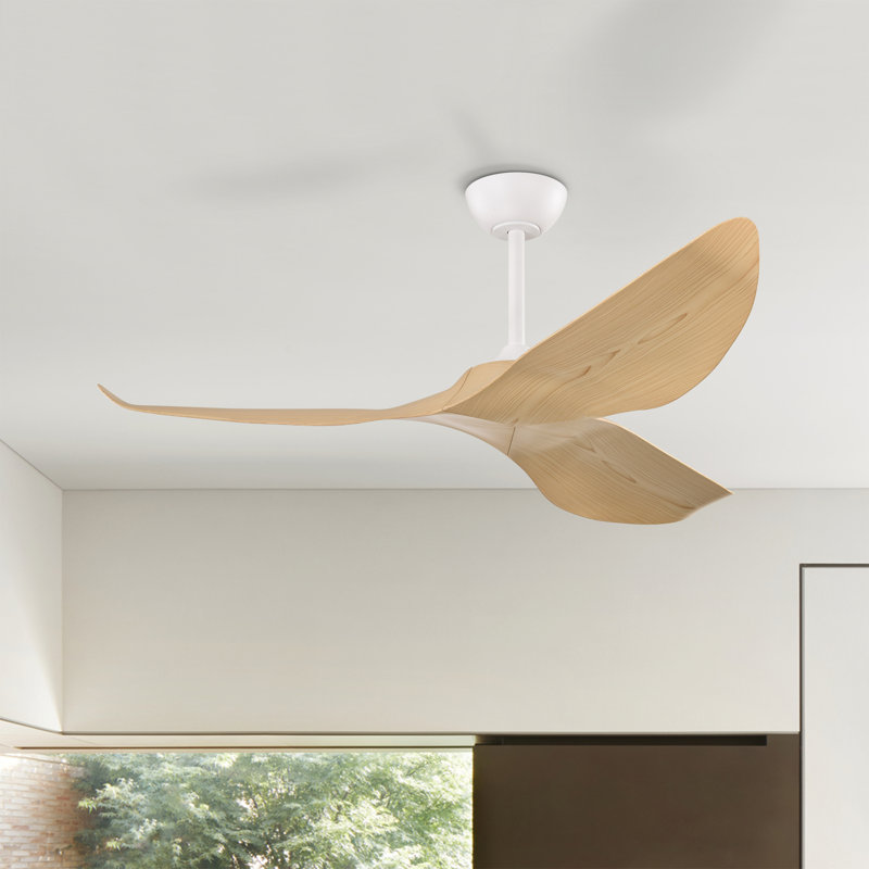 Duncan Modern 3 Bladed Ceiling Fan With Remote, White, Light Yellow Wood