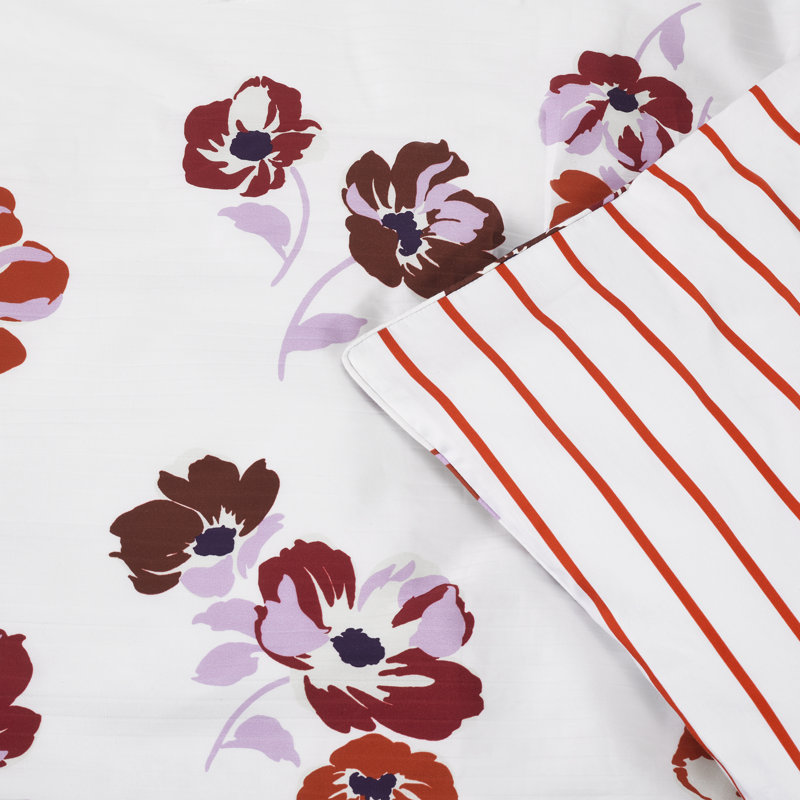 kate spade new york Fall Poppies Twin Comforter Set, 300 Thread Count and 100% Cotton, All Season 2 Piece Reversible Bedding Set, Machine Washable, White and Garnet 