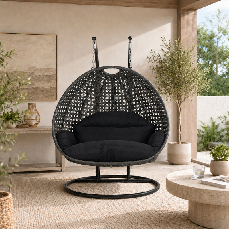 Fauteuil d'œuf d'extérieur pour 2 personnes avec support Samaira, Charbon/Noir