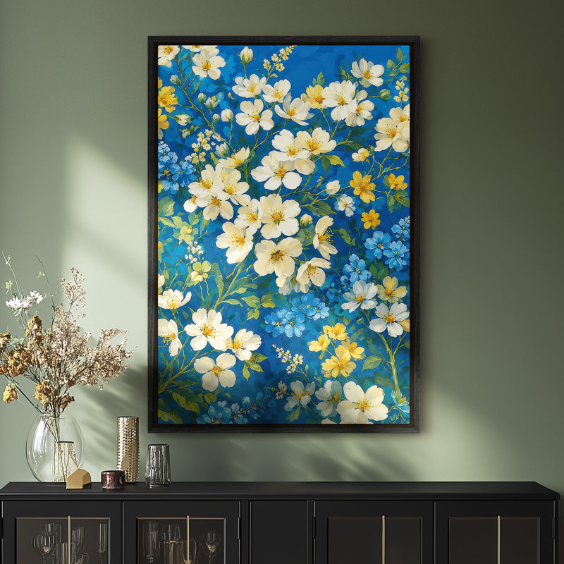 Art mural encadré - Fleurs blanches et jaunes vives sur fond botanique bleu - 16 po x 24 po, 24 po x 36 po, 36" H x 24" W