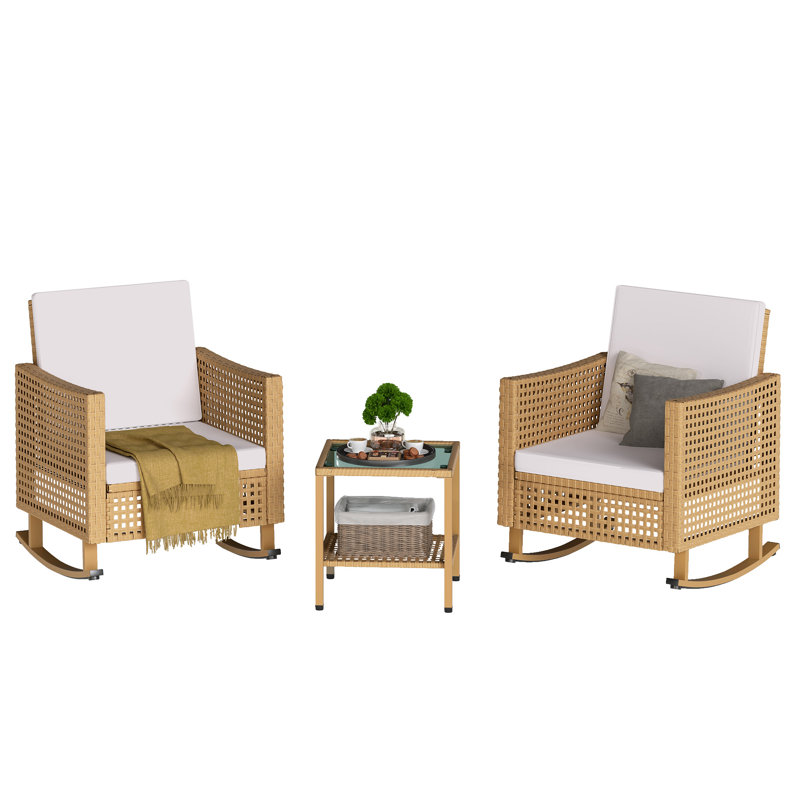 3 Pieces Outdoor Rocking Chair Set with Handwoven PE Rattan Patio Chairs, Cushions, and Side Table, Beige, Natural