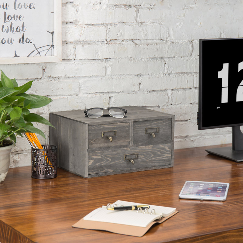 Solid Wood Stackable Vintage 3-Drawer Desktop Storage Desk Organiser with Drawers, Grey