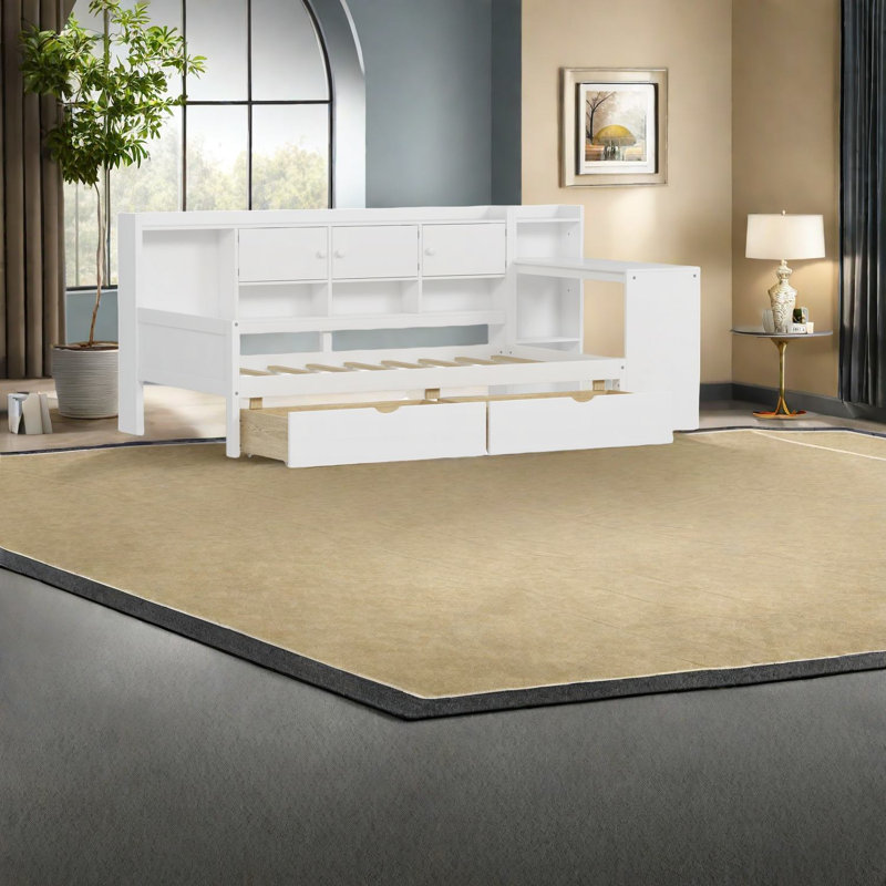 Lit multifonctionnel en bois peu encombrant avec rangement et bureau d'étude, design blanc moderne